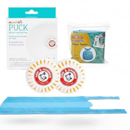 Odor Eliminator Cartridges, 2 Pack, Lavender Scent Baking Soda Pucks for Diaper Pails + Nuby Diaper Sacks, 50 Count Disposable Baby Diaper Bags
