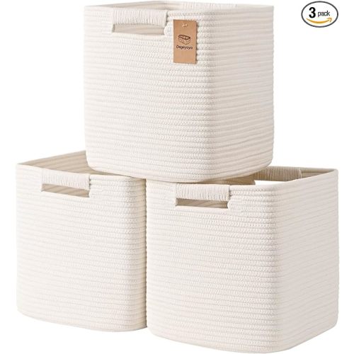 11 Inch Storage Cubes, 3 Pack Cube Storage Bins for Organizing, Cotton Rope Woven Baskets for Shelves, Bathroom, Kids Room, Closets, Baby Nursery