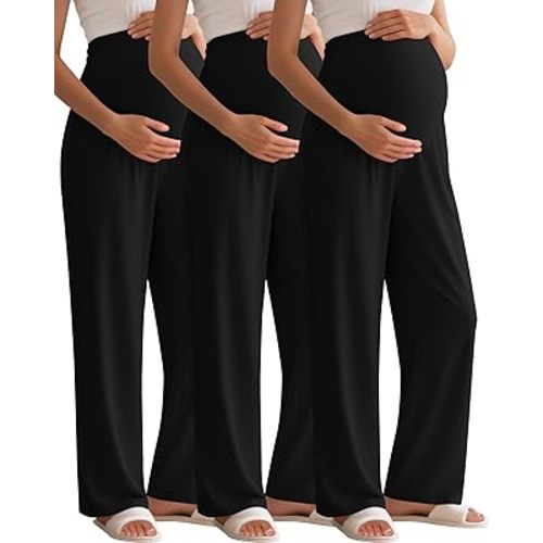 3 Pack Women's Maternity Pants Over The Belly Pregnancy Pants Stretchy Loose Wide Leg Lounge Pajama with Pockets