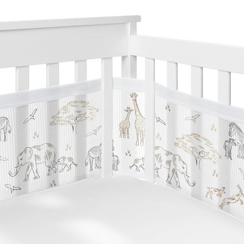 Sweet Jojo Designs + BreathableBaby Jungle Safari Animals Boy Girl Gender Neutral Breathable Mesh Crib Liner Baby Infant Animal Giraffe Adventure Elephants Beige Brown Taupe Black White