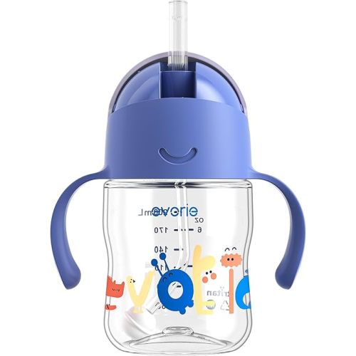 Evorie Tritan Weighted Straw Sippy Cup with Handles for Baby and Toddlers, Spill Proof Baby Water Bottle with Straw for 6 months and up, 7 Oz, Infant Training Water Bottle (Wathet)