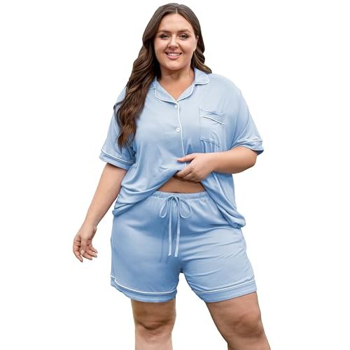 Vozanet Women's Plus Size Button Down Pajamas Soft Lounge Sets Shorts with Pockets Bride Nighty Solid Soft Pjs 1x to 5x