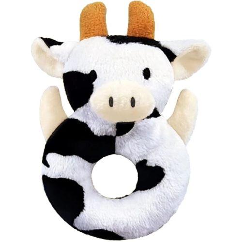 Baby Cow Soft Rattle Toy, Dairy Cattle Plush Infant Shaker Rattle Easy-Grasp Stuffed Animal Toy, Gifts for Newborns Babies Toddlers Boys Girls, Orange Horns, 6 Inches
