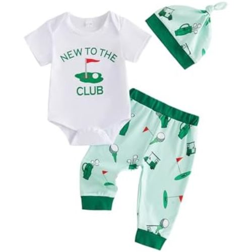 Newborn Baby Boy Golf Outfit Golf Letter Print Short Sleeve Romper Pants Hat Set Cute Baby Boy Summer Clothes