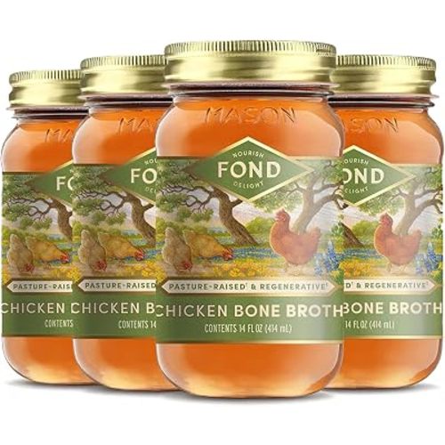 FOND Regenerative Pasture-Raised Chicken Bone Broth – Slow-Simmered Chicken Broth for Rich and Nourishing Flavor, Nutrient-Dense, Artisan Quality – Pure & Unflavored, 14 oz (4-Pack)
