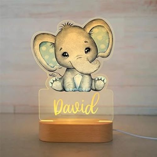 souleather Personalised Name Baby Elephant LED Night Light, Girls Bedroom/Nursery, Baby Elephant Animal Night Light Up Table Desk Lamp
