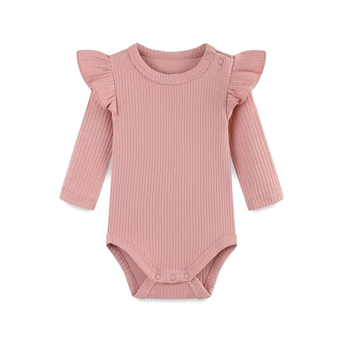 Baby Girl Knit Ruffle Outfit Clothes Ribbed 100% Organic Cotton Solid Color Long Sleeve Romper Clothes 0~24M