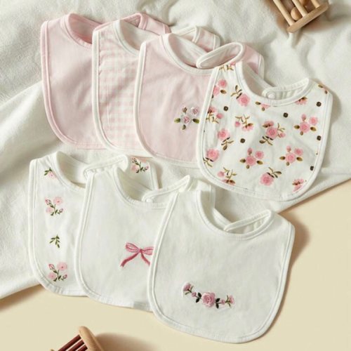 7pcs/Set Baby Bibs, Breathable Absorbent Ditsy Floral & Bow Pattern Burp Cloths For Baby Girls, Spring/Summer