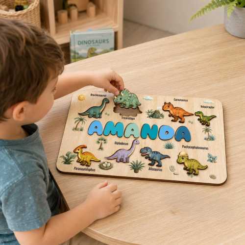 Personalized Dinosaur Name Puzzle Board, Custom Dino Theme Wooden Puzzle, Baby Shower Gift, Dino Nursery Decor, Baby Gift for Boys Girls
