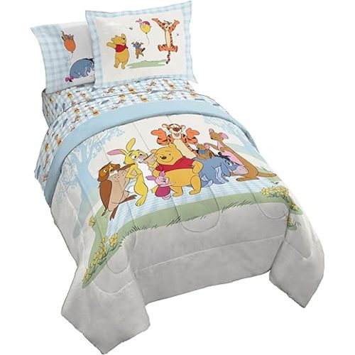Jay Franco Kids Comforter Set Includes Sheets and Pillow Covers - Soft and Cozy Bed Set for Stylish Room Decor, Official Licensed Bedding, White - Winnie The Pooh, 5 Piece Twin