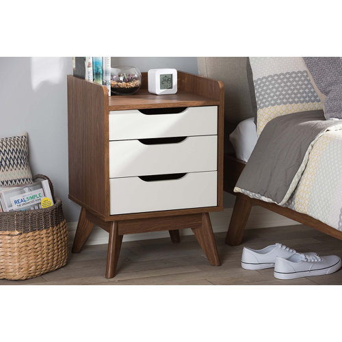 George Oliver Caden White And Walnut Wood 3-Drawer Storage Nightstand | Wayfair