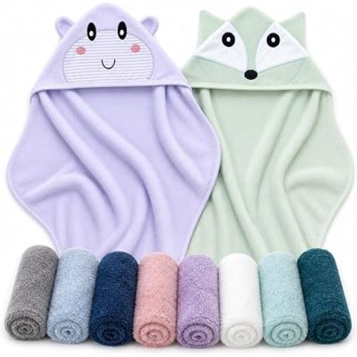 Cute Castle 2 Pack Hooded Baby Towel Rayon Made from Bamboo with 8 Washcloths - Soft Bath Towel for Bathtub for Babie, Newborn, Infant, Natural Baby Stuff Towel (Hippo and Fox)