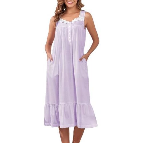 Viakeo Cotton Nightgowns For Women Long House Dress Soft Sleepshirts With Pockets S-3XL