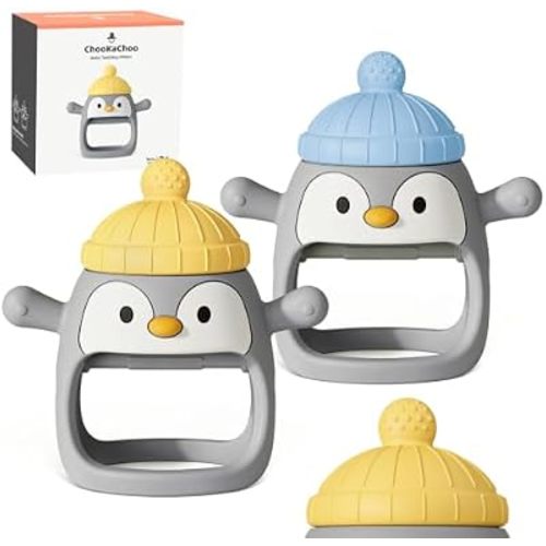 2 Packs Baby Teething Toy Silicone Teething Mitten for Babies Over 3 Months Anti Dropping Wrist Hand Teethers Baby Chew Toys for Sucking Needs, BPA Free (Penguin)