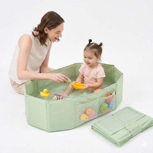 UNCLE WU Foldable Baby Bathtub for Toddlers (12M-5Y) – Portable Travel Bath Tub Converts Shower to Tub – Large Deep Collapsible Basin with Mesh Storage Pockets, Non-Slip & Fast Draining