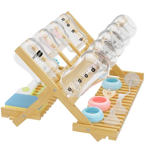 Msoesticc.dl Baby Bottle Drying Rack Foldable Vertical Bamboo Milk Bottle and Accessories Organizer for Busy Parents, Maximizes Space, Quick Drying, Easy Cleanup & Storage (Bamboo)