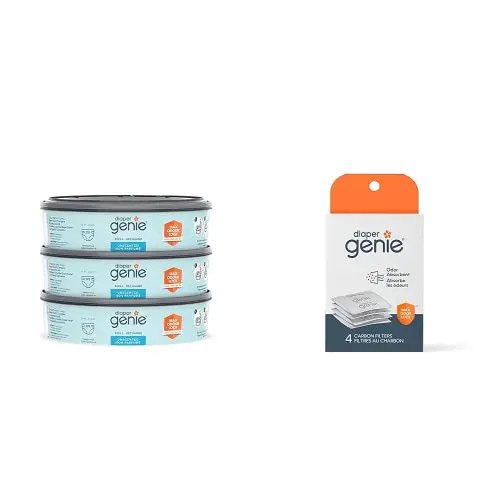 Diaper Genie Diaper Pail System Refills, 3 pack blue & Playtex Carbon Filter Refill Tray for Diaper Pails, 4 Carbon Filters