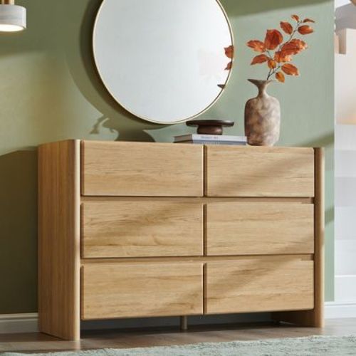6 Drawer Dresser for Bedroom, 47" W Modern Chest of Drawers with Rounded Corners, Closet Clothes Storage Organizer for Bedroom, Living Room, Natural