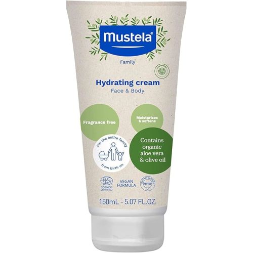 Mustela Certified Organic Hydrating Cream - Natural Body Lotion w/ Olive Oil, Aloe Vera & Sunflower Oil - For Baby, Kid & Adult - Fragrance Free, EWG Verified & Vegan - 5.07 oz. - Packaging may vary