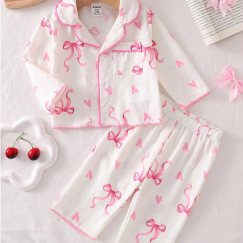 2pcs Baby Girls' Pink Bow Print Long Sleeve Cardigan And Pants Pajama Set, Woven Fabric Cozy And Beautiful For Girl, Princess Gift | SHEIN USA
