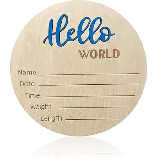Baby Announcement Sign, ​5.9 Inch Wooden Hello World Newborn Signs, Birth Announcement Sign, Baby Shower Hospital Nursery for Newborn Boys and Girls… (Blue)
