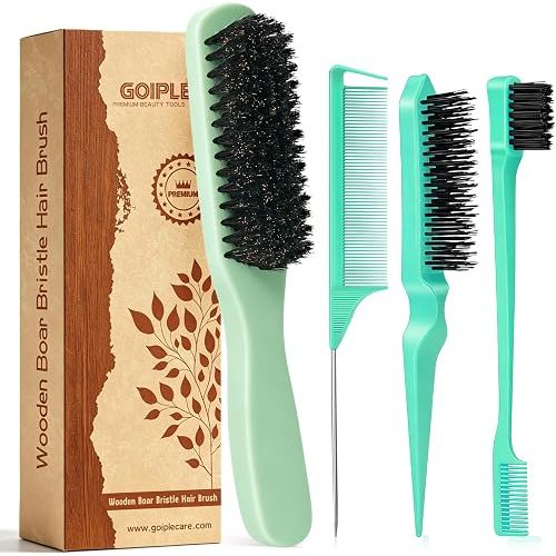 Boar Bristle Slick Back Hair Brush for Smooth Flyaways, Frizz, Sleek Ponytail, Buns and Edge Baby Hair | Edge Brush, Teasing Brush Rat Tail Comb Styling Accessories for Girls, Kids, Women & Men(Green)