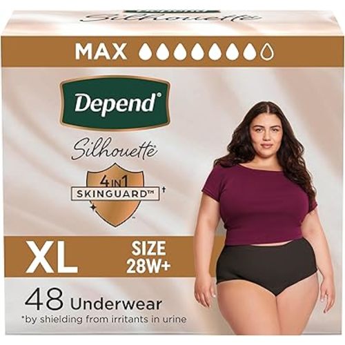 Depend Silhouette Adult Diapers, Incontinence & Postpartum Bladder Leak Underwear for Women, Maximum Absorbency, Extra Large, Black, 48 Count (2 Packs of 24), Packaging May Vary