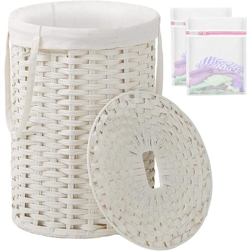 Laundry Hamper with Lid Laundry Basket with Lid 19.0 Gal (72 L) Round Wicker Laundry Basket Handwoven Rattan Basket with Lid Removable Bag 2 Mesh Bags Handles for Living Room Bathroom White