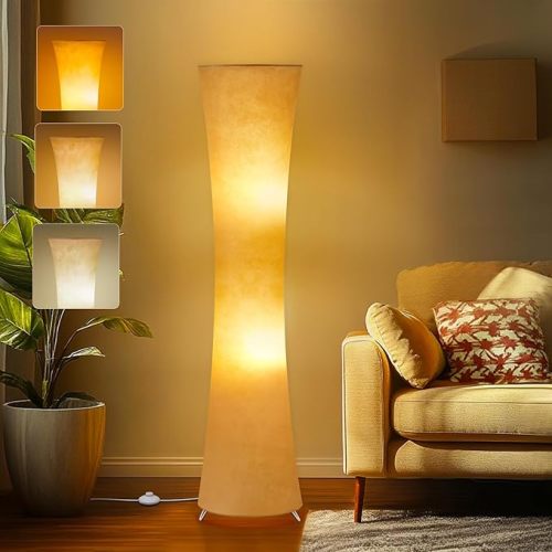 GyroVu 46“ Floor Lamp for Living Room, Color Temperature Adjustable Led Floor Lamps Column Floor Standing Lamp Corner Lamp for Bedroom, Office& Living Room-White Fabric Lampshade, Bulbs Include