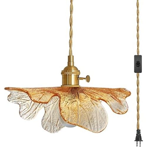 Plug in Pendant Lights 15ft Hanging Light with Plug in Cord Mid Century Modern Pendant Light Fixtures Hand Blown Amber Glass Pendant Light Plug in Hanging lamp for Kitchen Living Dining Room