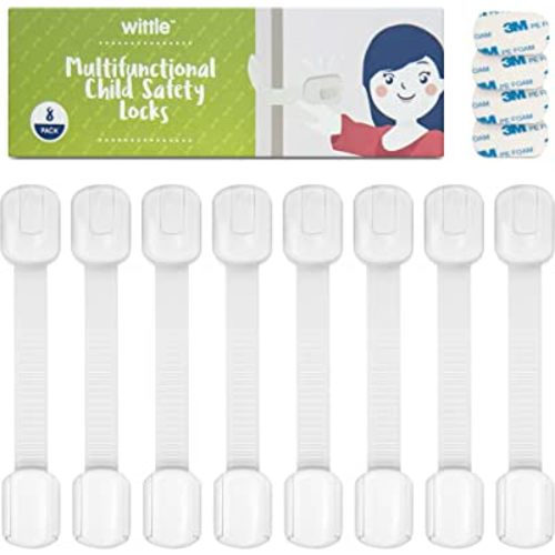 8-Pack Child Safety Cabinet Locks - Adjustable Child Cabinet Locks with 3M Adhesives - White and Clear Baby Locks for Cabinets and Drawers, and More - Easy to Install Baby Proofing Cabinets by Wittle
