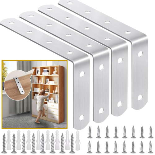 4 Pack Wall Anchors for Furniture, Baby Safety Anti Tip Kit for Baby Proofing Secure 800 lbs Bookcase Dresser to Wall, Furniture Anchors Prevention Device for Children, Silver