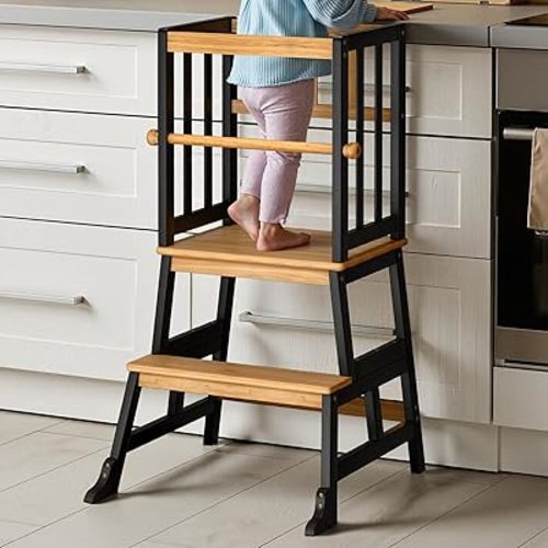 COSYLAND Kids Kitchen Step Stool, Toddler Standing Tower with CPC Certification, Removable Anti-Drop Railing Safety Rail Unique Patented Design A Anti-tip Stable Structure 1.5-3 Years Natural & Black
