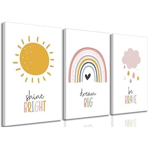3 Pcs Boho Nursery Canvas Wall Art Dream Big Be Brave Shine Bright Bohemia Sun Rainbow Pictures Kids Wall Decor Poster Print Artwork for Boys Girls Bedroom Children Room Home Decoration