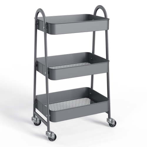 ZUNMOS 3 Tier Rolling Cart, Metal Storage Shelves with Lockable Wheels, Gray
