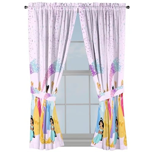 Sunny Side Up Window Curtains for Kids Bedroom 4-Piece Drape Set with 2 Tiebacks, Pink - Disney Princess, 42" W x 63" L (Pack of 2)