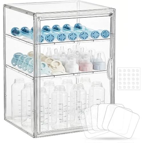 Baby Bottle Organizer – X-Large Adhesive Wall-Mount 3 Tier Adjustable Acrylic Bottle Storage Container with Magnetic Door – for Countertop, Cabinet, Kitchen, and Vanity, Gifts for New Mom
