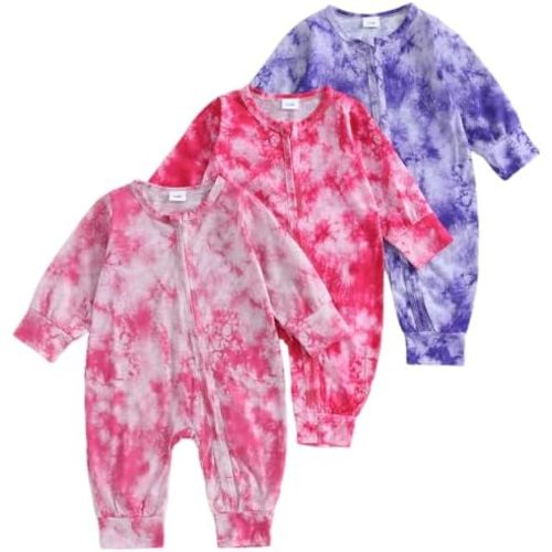 Infant Baby Boys Girls 3 Pack Footless Rompers Long Sleeve Tie Dye Zip-up Jumpsuit Fall Clothes 3pcs Outfit Set