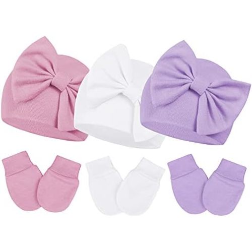 Mittens and Caps for Newborn Baby Girls Set Hospital Hat Beanie Infant Hats with Bow for 0-6 Months