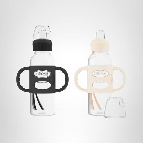 Dr. Brown's Milestones Narrow Sippy Spout Bottle with 100% Silicone Handles, Easy-Grip Handles with Soft Sippy Spout, 8oz/250mL, Black & Ecru, 2 Count (Pack of 1), 6m+