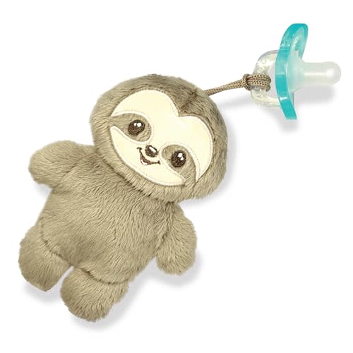 RaZbaby RaZbuddy LuLu Sloth Flat-Lay Plush Pacifier Holder with Detachable JollyPop Pacifier, 0M+, 100% Medical Grade Silicone, Machine Washable Designer Stuffed Animal (LuLu Sloth)