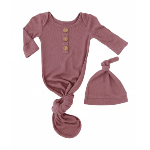 Boysenberry Bamboo Waffle Newborn Baby Knot Gown & Hat Set