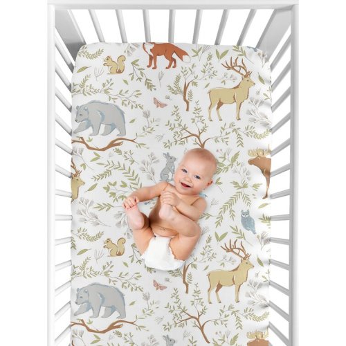 Woodland Toile White, Grey, Blue, Green And Earth Tones Animals - Piece Standard Crib Fitted Sheet