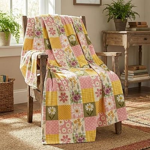 Horaldaily Spring Summer Flannel Blanket Throw, Buffalo Plaid Patch-Style Polka Dot Dasiy Soft Fuzzy Plush Cozy Fleece Blankets for Couch Sofa Bed Lounging, Ideal Gifts for Kids Adults Self, 50x60