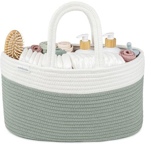 Comfy Cubs Rope Diaper Caddy Organizer 8.5" x 15" x 8" - Large Baby Diaper Basket with 3 Spacious Compartments - Stylish Cotton Baby Caddy Organizer for Diapers, Wipes & Essentials - Sage