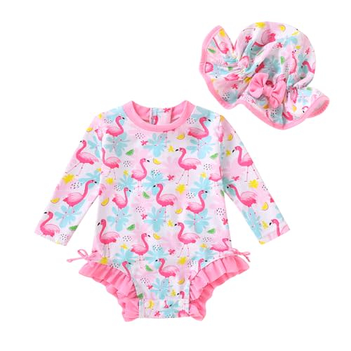 Infant Baby Swimsuit Girl Long Sleeve UPF 50+ Sun Protection One-Piece Rash Guard with Hat Zipper Bathing Suit