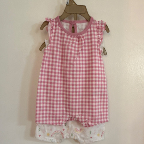 Chickpea 2-Pack Romper Sleeveless Pink Rainbow Hearts Gingham 3-6M Cotton