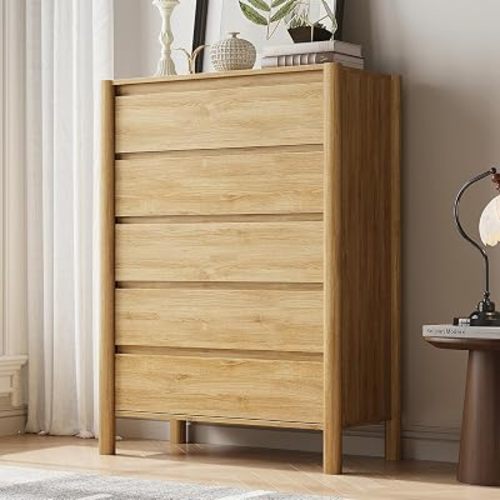 CHUWELL 45" Tall Oak 5 Drawer Dresser for Bedroom with Solid Wood Legs