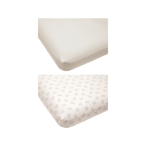 Anko 2 Pack 225 Thread Count Organic Cotton Fitted Cot Sheets - Bears and Checkered