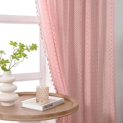 WAZZIO Boho Lace Curtains 84 Inches 2 Panel,Light Filtering Privacy Tassel & Geometry Crochet Semi Sheer Curtain Drapes for Bedroom Living Dining Room,Rod Pocket & Tassel,Light Pink